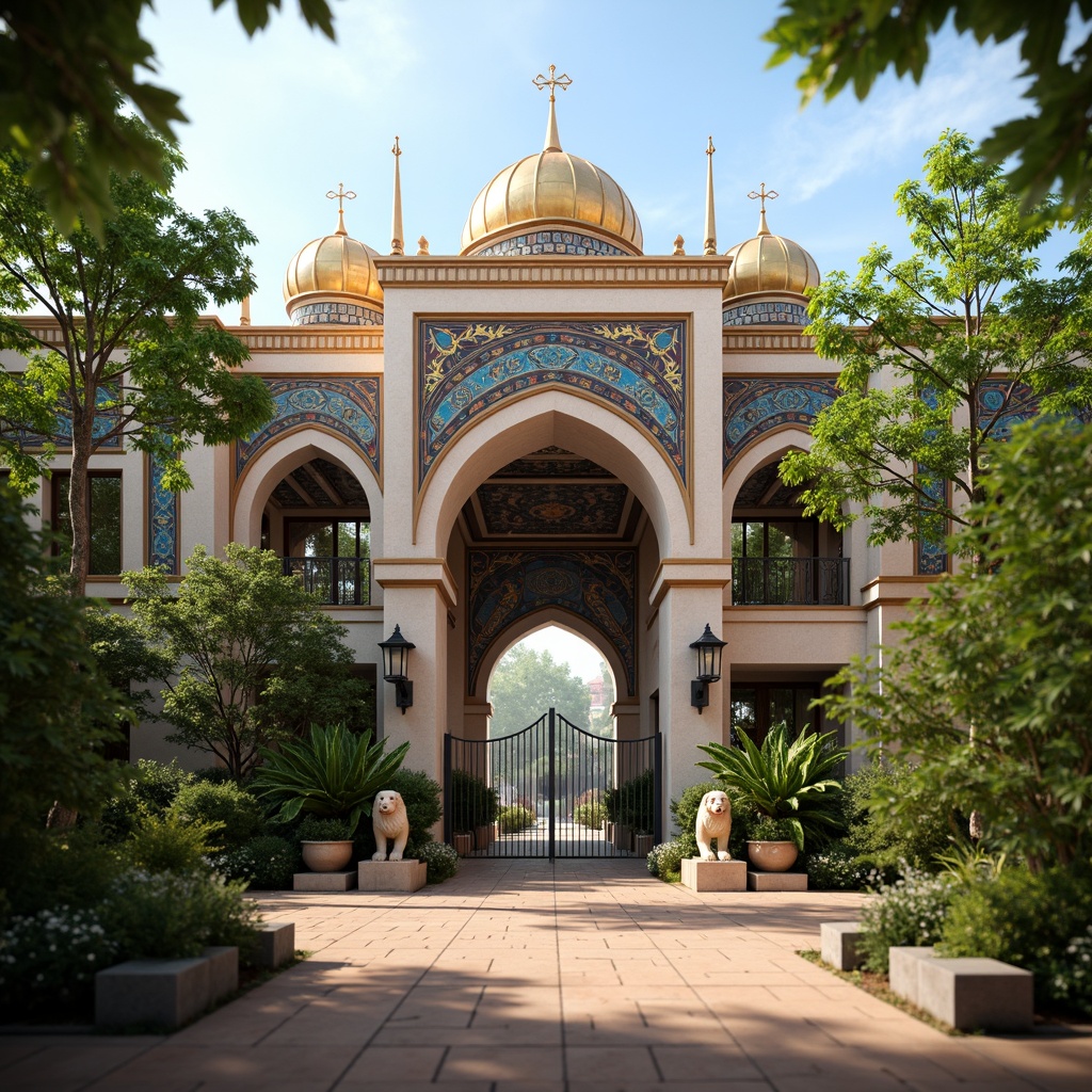 Prompt: Exotic zoo entrance, intricate Byzantine arches, ornate stone carvings, vibrant mosaic patterns, golden domes, majestic lion statues, grandeur gates, lush greenery, tropical plants, misty atmosphere, warm sunny day, soft natural lighting, shallow depth of field, 3/4 composition, panoramic view, realistic textures, ambient occlusion.