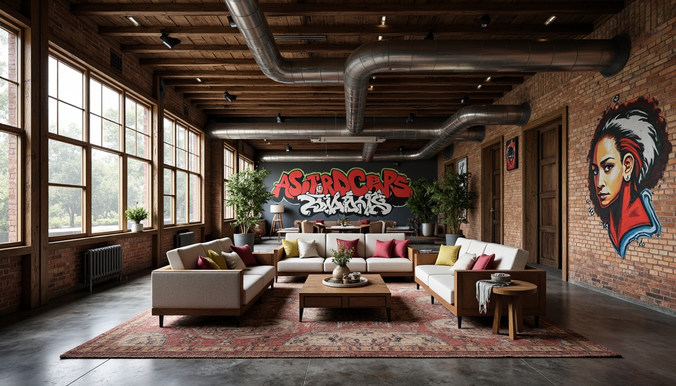 Prompt: Rustic wooden accents, distressed finishes, worn brick walls, exposed ductwork, industrial metal beams, polished concrete floors, vibrant graffiti murals, eclectic furniture assemblies, ornate Baroque details, irregular shape formations, dynamic angular lines, bold color blocking, dramatic lighting contrasts, cinematic camera angles, shallow depth of field, 1/1 composition, abstract expressionist brushstrokes.