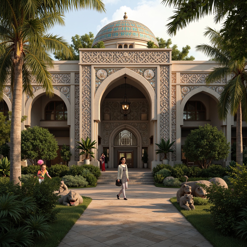 Prompt: Intricate Byzantine zoo facade, ornate stone carvings, vibrant mosaic tiles, grand archways, majestic domes, exotic animal sculptures, lush greenery, tropical plants, misty fog effects, warm golden lighting, shallow depth of field, 1/1 composition, panoramic view, realistic textures, ambient occlusion.