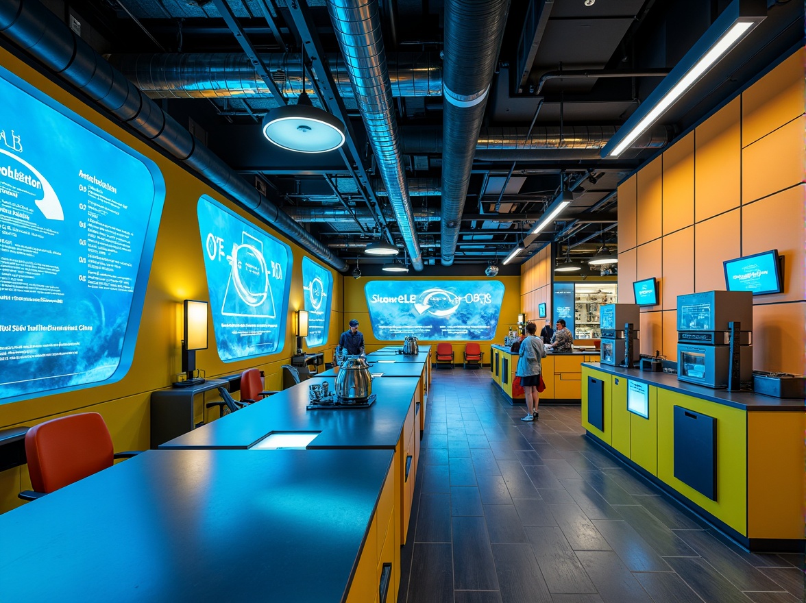 Prompt: Vibrant science center, neon-lit laboratories, futuristic equipment, sleek metal countertops, bold blue accents, energizing yellow tones, stimulating orange hues, calming green walls, natural wood flooring, innovative LED lighting, geometric patterns, minimalist design, cutting-edge technology, interactive exhibits, engaging displays, immersive experiences, atmospheric misting systems, airy open spaces, abundant natural light, 3/4 composition, shallow depth of field, realistic textures, ambient occlusion.