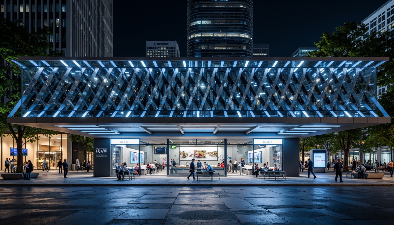 Prompt: Futuristic tram station, sleek metallic facade, dynamic LED lighting, angular geometric patterns, minimalist modern architecture, high-tech aesthetic, glass and steel materials, cantilevered roofs, spacious interior, advanced ticketing systems, digital signage, comfortable seating areas, urban cityscape, busy street scene, vibrant nighttime atmosphere, softbox lighting, shallow depth of field, 2/3 composition, realistic reflections.