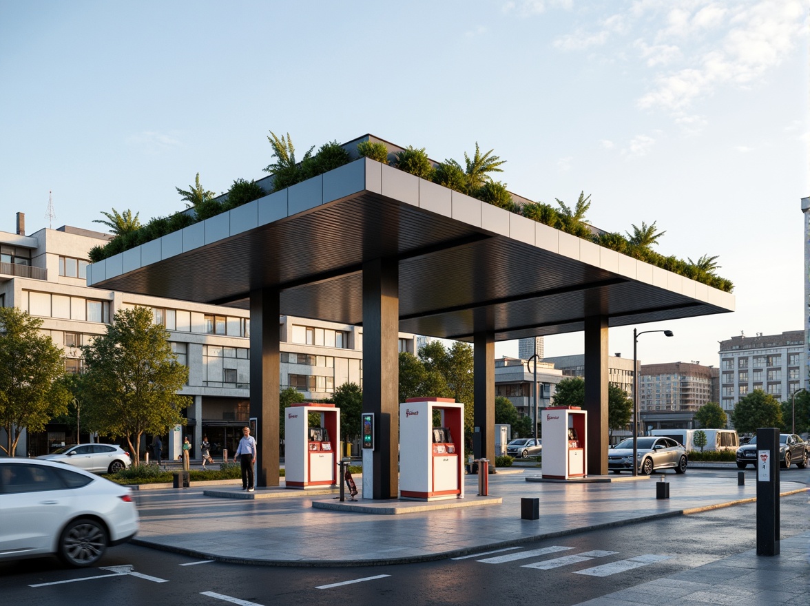 Prompt: Eco-friendly gas station, recycled metal canopy, solar panels, green roofs, living walls, rainwater harvesting systems, low-carbon concrete, FSC-certified wood accents, energy-efficient lighting, EV charging stations, modern minimalist architecture, angular lines, sleek surfaces, industrial chic aesthetic, urban cityscape, morning sunlight, shallow depth of field, 3/4 composition, panoramic view, realistic textures, ambient occlusion.