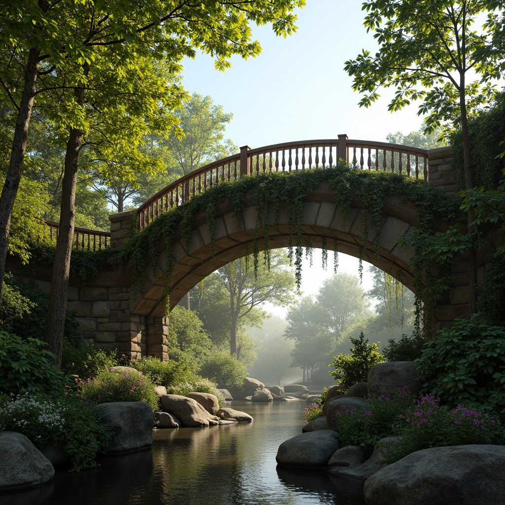 Prompt: Curved bridge silhouette, lush green vegetation, organic architecture, natural stone foundations, wooden railings, twisted tree branches, hanging vines, vibrant flower arrangements, soft moss cover, serene water reflections, gentle waterfall sounds, misty atmosphere, warm sunny day, shallow depth of field, 1/1 composition, realistic textures, ambient occlusion, tranquil ambiance.