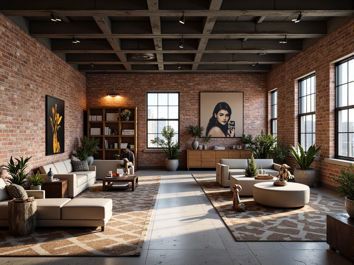 Prompt: Exposed brick walls, industrial metal beams, reclaimed wood accents, distressed concrete floors, minimalist aesthetic, functional lighting, utilitarian furniture, raw unfinished textures, brutalist architecture, open-plan layout, collaborative workspaces, modular shelving systems, geometric patterned rugs, eclectic decorative objects, abundant natural light, high ceilings, urban loft atmosphere, warm neutral color palette, bold typography, graphic signage, 3/4 composition, shallow depth of field, realistic renderings.