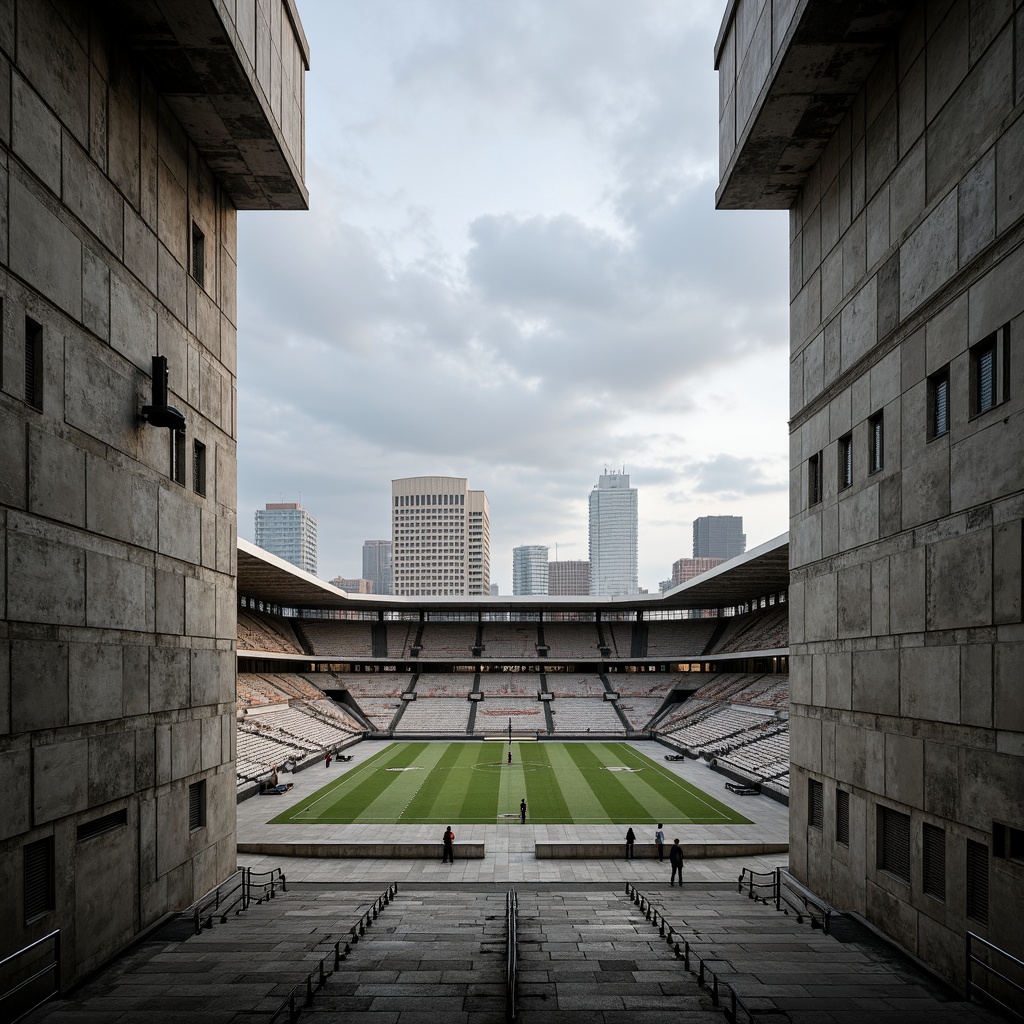 Prompt: Rugged concrete stadium, brutalist design, exposed ductwork, raw steel beams, industrial textures, weathered stone walls, monumental scale, imposing fa\u00e7ade, cantilevered seating areas, dramatic shadows, high-contrast lighting, bold geometric forms, minimalist aesthetic, functional simplicity, urban cityscape, cloudy sky, harsh natural light, 1/1 composition, symmetrical framing, gritty realistic render.