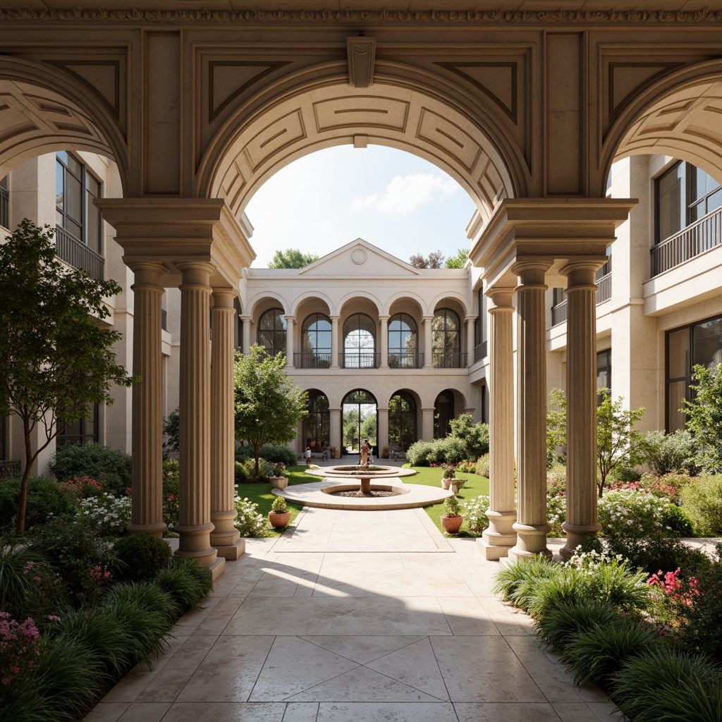 Prompt: Grand entrance with symmetrical archways, elegant columns, ornate details, natural stone fa\u00e7ade, calm water features, lush greenery, vibrant flowers, serene courtyard, harmonious proportions, balanced composition, neoclassical architecture, subtle ornamentation, soft warm lighting, shallow depth of field, 1/1 composition, realistic textures, ambient occlusion.