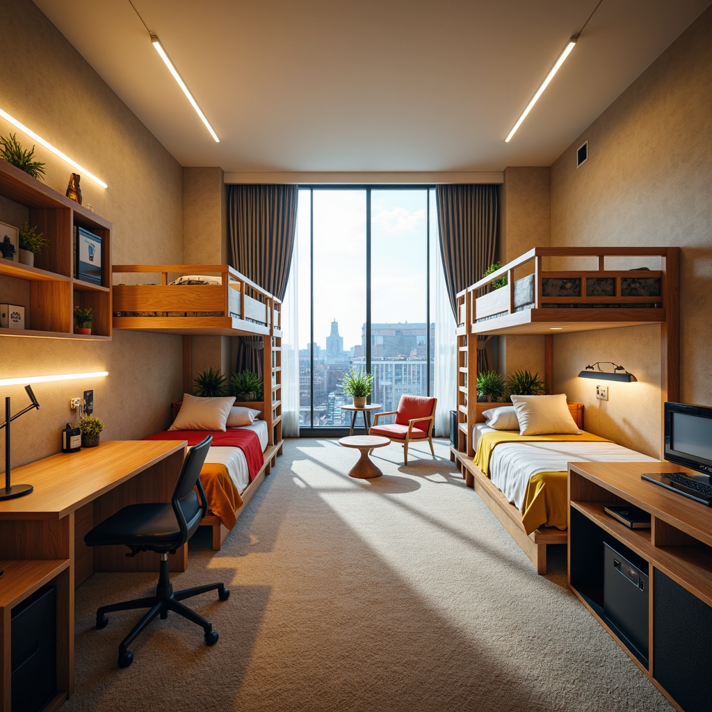 Prompt: Cozy dorm room, minimalist furniture, modern bunk beds, wooden desks, ergonomic chairs, colorful bedding, soft carpeting, floor-to-ceiling windows, natural light, urban views, sleek metal lamps, geometric patterns, warm beige walls, industrial-chic decor, functional storage units, compact refrigerators, microwave ovens, comfortable reading nooks, peaceful ambiance, warm white lighting, shallow depth of field, 1/1 composition, realistic textures, ambient occlusion.