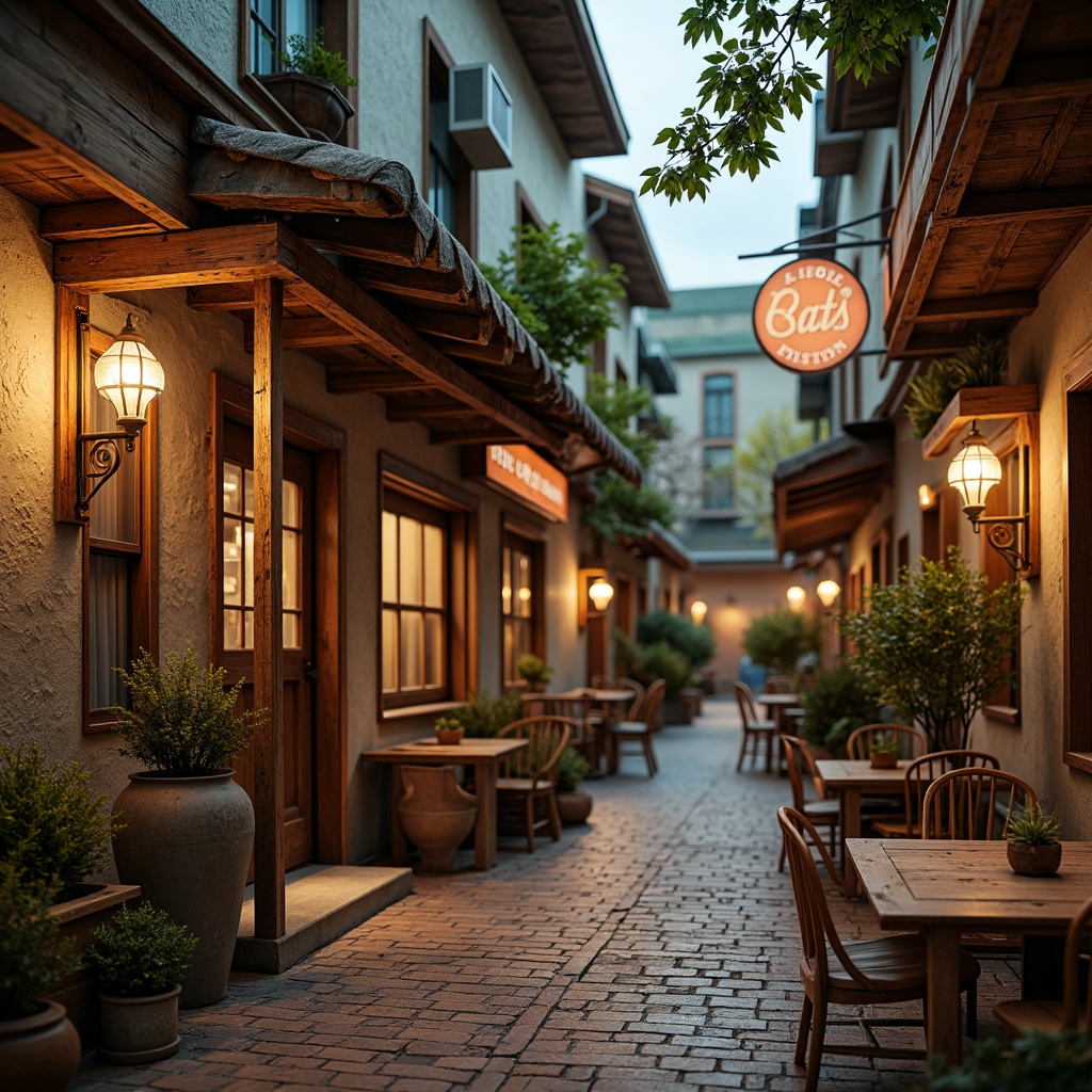 Prompt: Earthy tones, warm beige walls, rustic wooden accents, vintage metal signs, distressed brick textures, natural stone floors, earthy brown roofs, faded blue windows, aged copper details, retro-inspired neon lights, dim warm lighting, shallow depth of field, 1/1 composition, realistic weathering effects, ambient occlusion.