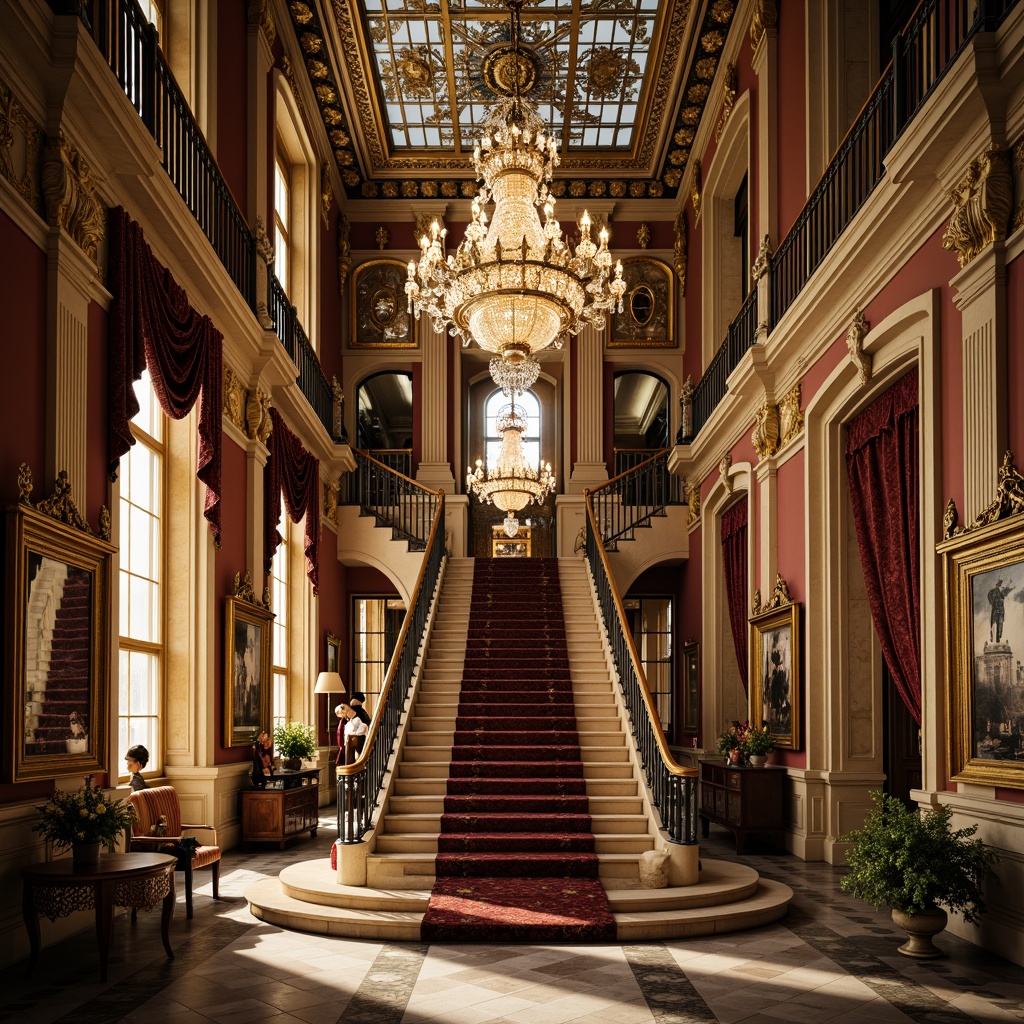 Prompt: Ornate baroque palace, grandiose staircase, crystal chandeliers, ornamental mirrors, glass mosaic ceilings, intricate stone carvings, lavish furnishings, velvet drapes, gilded accents, dramatic lighting, warm golden tones, shallow depth of field, 1/1 composition, symmetrical framing, highly detailed textures, ambient occlusion.