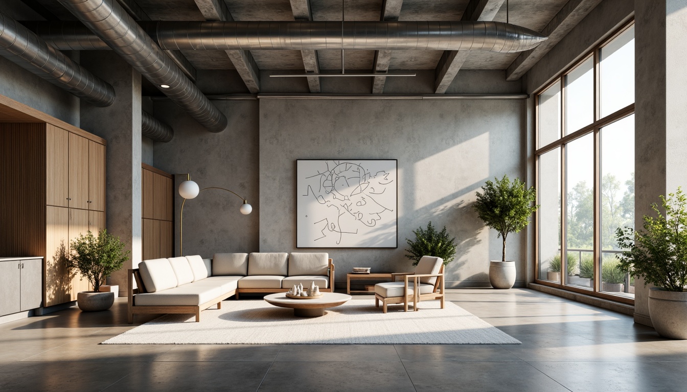 Prompt: Modern interior space, open-plan layout, functional zones, harmonious proportions, natural light influx, sleek minimalistic furniture, polished concrete floors, industrial-style lighting fixtures, urban loft atmosphere, spacious high ceilings, airy ambiance, 1/1 composition, soft warm lighting, realistic textures, ambient occlusion.