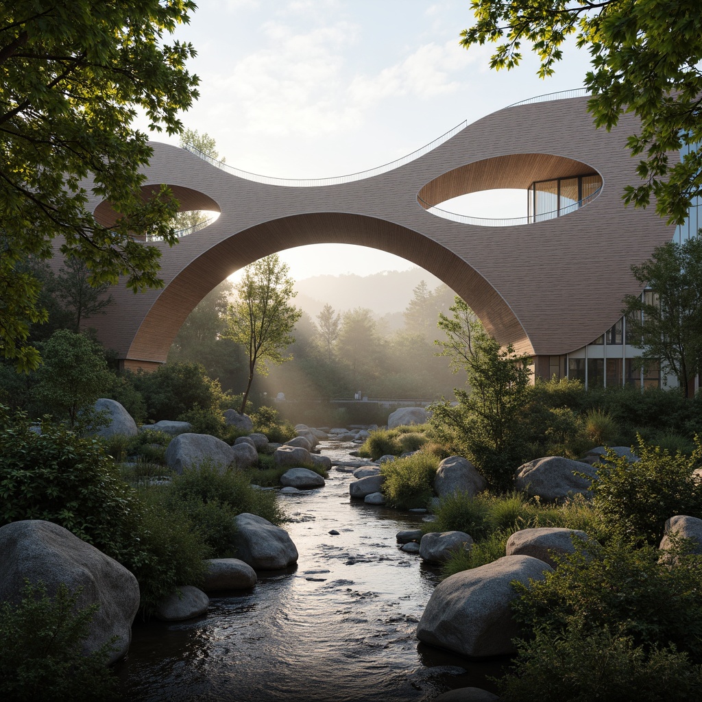 Prompt: Curved bridge silhouette, organic shapes, natural stone cladding, wooden accents, flowing water beneath, lush greenery surroundings, misty atmosphere, soft warm lighting, shallow depth of field, 1/1 composition, realistic textures, ambient occlusion, undulating walkways, stainless steel railings, cantilevered sections, asymmetrical design, dynamic forms, futuristic aesthetic, sustainable materials, eco-friendly construction, innovative structural systems.