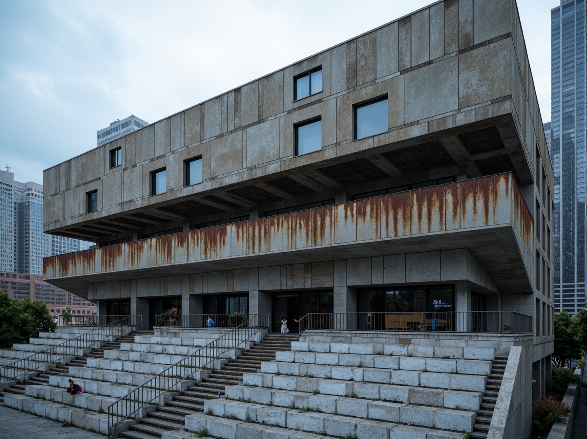 Prompt: Rugged brutalist stadium, weathered concrete fa\u00e7ade, rusty metal accents, bold geometric shapes, industrial-style lighting fixtures, cold grey stone walls, minimalist seating areas, urban cityscape backdrop, overcast sky, dramatic shadows, high-contrast color palette, muted earth tones, deep blues, rough textures, angular architecture, monumental scale, cinematic atmosphere, low-angle photography, symmetrical composition.