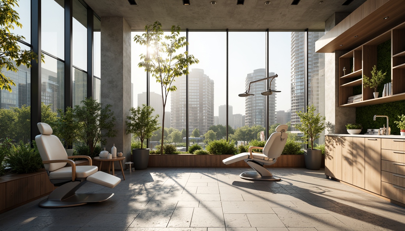 Prompt: Spacious dental clinic, floor-to-ceiling windows, abundant natural light, minimalist interior design, calming color scheme, sleek medical equipment, ergonomic dental chairs, gentle ambient lighting, textured stone floors, wood accents, lush greenery, living walls, urban cityscape views, morning sunlight, soft shadows, 1/1 composition, realistic textures, subtle reflections.