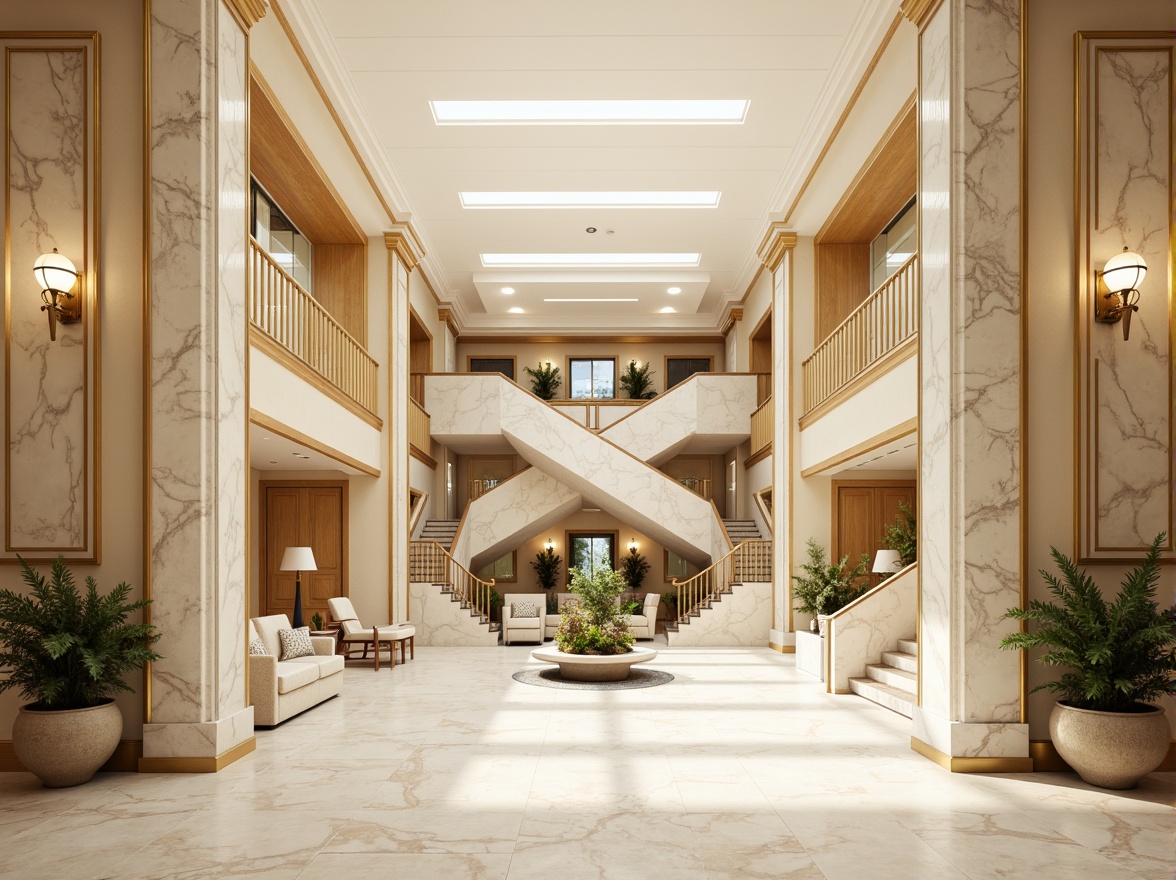 Prompt: Elegant healthcare facility, cream-colored marble walls, ornate gold accents, rich wood paneling, soft beige flooring, calming white ceilings, subtle neutral tones, classic columns, intricate moldings, grand staircases, spacious atriums, lush greenery, natural stone features, warm ambient lighting, shallow depth of field, 1/2 composition, realistic textures, ambient occlusion.