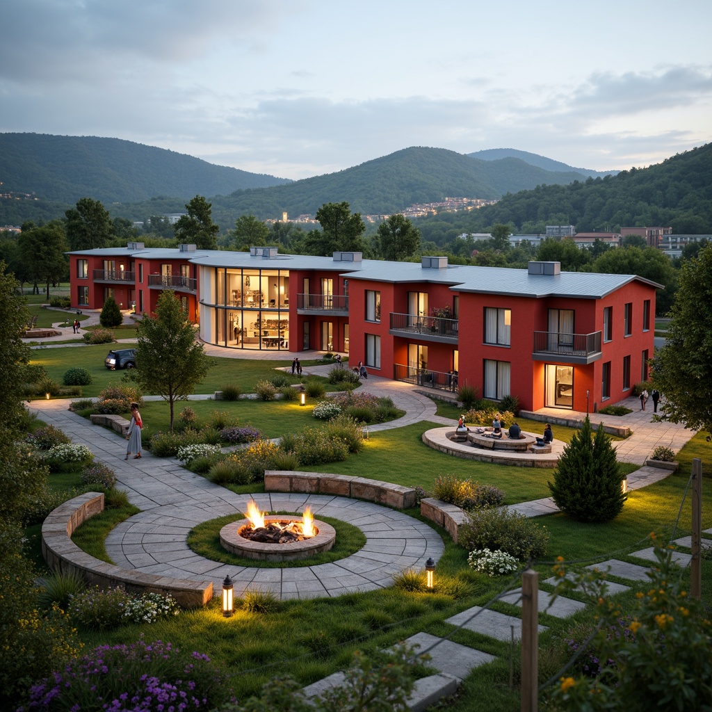 Prompt: Vibrant dormitory building, grassland surroundings, rolling hills, wildflowers, natural stone pathways, wooden benches, outdoor seating areas, cozy fire pit, string lights, lanterns, rustic metal fences, weathered wood accents, earthy tones, soft warm lighting, shallow depth of field, 3/4 composition, panoramic view, realistic textures, ambient occlusion.