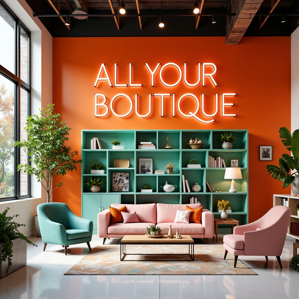 Prompt: Vibrant boutique store, neon signage, bold typography, eclectic furniture, bright orange walls, turquoise accents, lime green decorative lights, pastel pink shelves, glossy white floors, modern abstract art, geometric patterns, urban loft setting, natural light pouring in, shallow depth of field, 1/1 composition, high contrast ratio, warm and cool tones harmony.