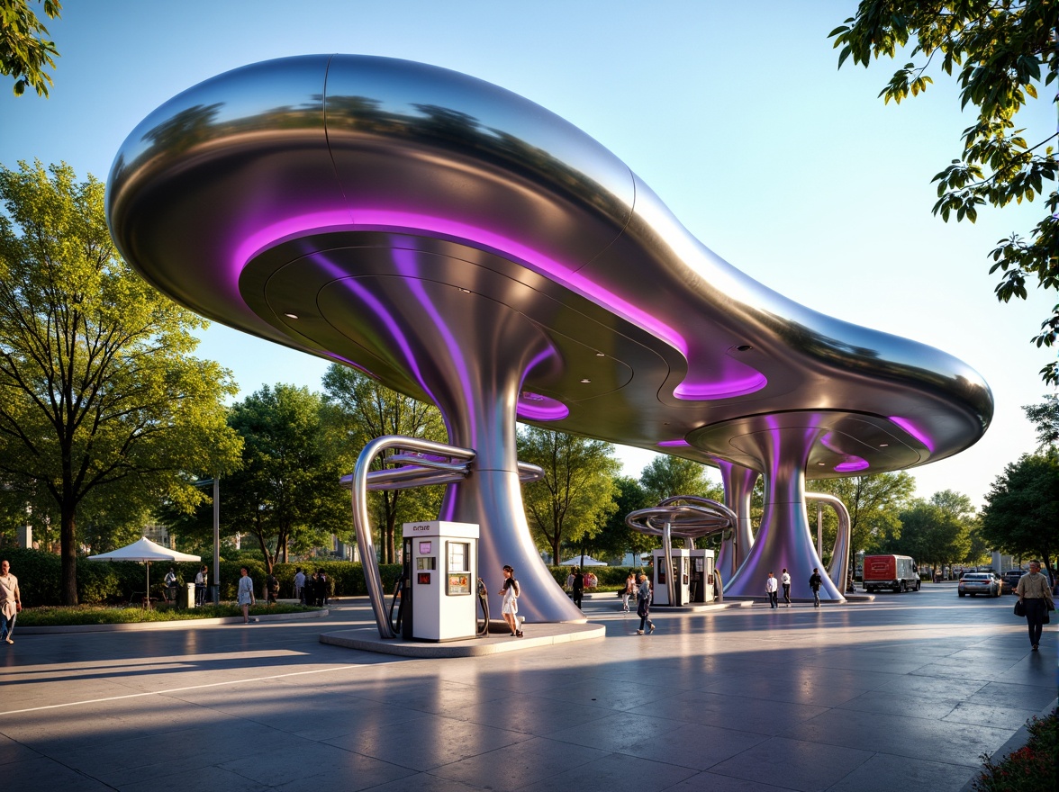 Prompt: Curved gas station, blob-inspired architecture, futuristic fuel pumps, iridescent color schemes, glossy metallic surfaces, amoeba-shaped canopies, organic fluid lines, neon-lit signage, retro-futuristic aesthetics, atmospheric misting systems, lush greenery surroundings, sunny day with soft warm lighting, shallow depth of field, 3/4 composition, panoramic view, realistic textures, ambient occlusion.