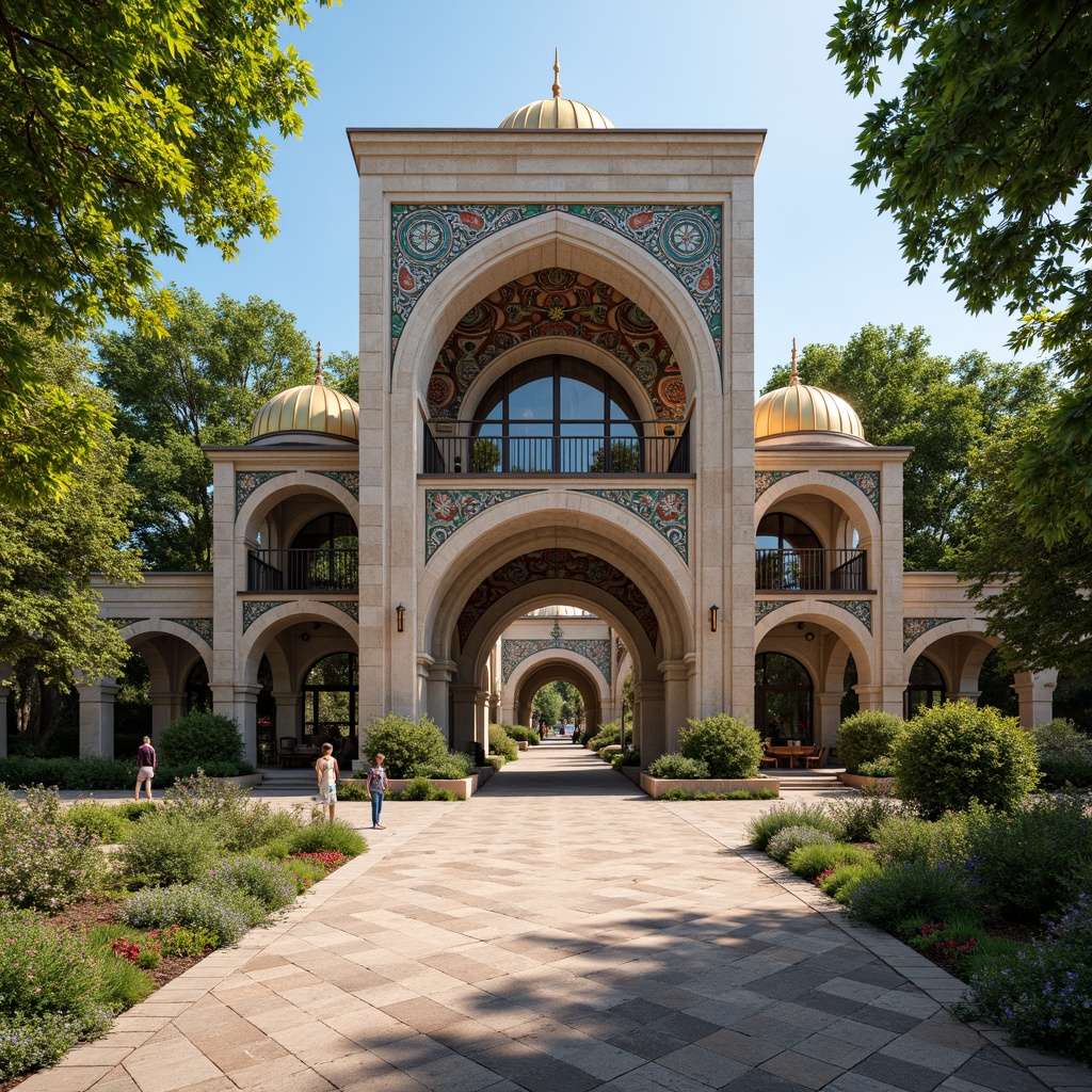 Prompt: Intricate Byzantine zoo entrance, ornate stone carvings, majestic arched gates, vibrant mosaic tiles, golden domes, intricate stone columns, rustic wooden doors, natural stone walls, lush greenery, exotic animal enclosures, winding pathways, sunny day, warm lighting, shallow depth of field, 3/4 composition, panoramic view, realistic textures, ambient occlusion.