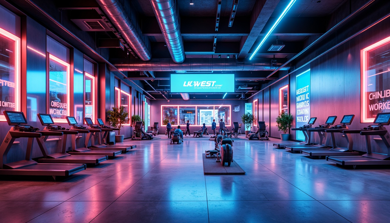 Prompt: Modern fitness club interior, sleek metallic accents, mirrored walls, polished concrete floors, neon-lit corridors, high-tech exercise equipment, virtual reality workout stations, minimalist design, functional layouts, vibrant color schemes, motivational quotes, futuristic ambiance, advanced air purification systems, sound-absorbing materials, dynamic LED lighting, panoramic city views, 1/1 composition, realistic textures, ambient occlusion.