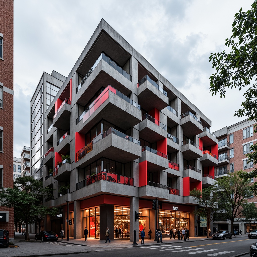 Prompt: Geometric Constructivist building, bold red accents, cantilevered sections, industrial metal beams, exposed ductwork, abstract mural art, urban cityscape, overcast skies, dramatic shadows, high-contrast lighting, dynamic diagonal composition, ultra-modern architecture, brutalist concrete textures, metallic latticework, fragmented forms, avant-garde design elements, vibrant color blocking, graphic patterns, abstract sculptural details.