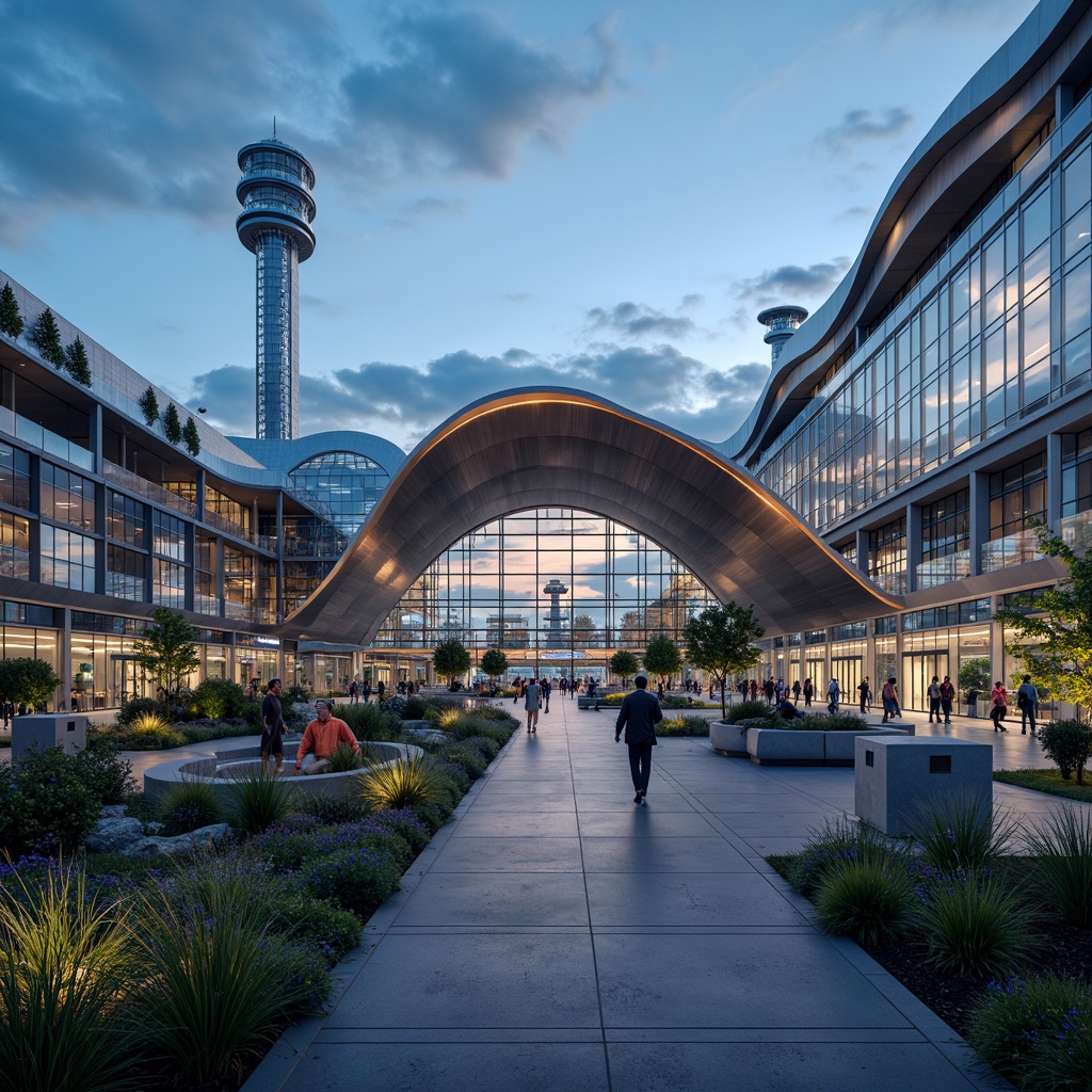 Prompt: Futuristic airport terminal, sleek metal fa\u00e7ades, dynamic LED lighting, aerodynamic curves, cantilevered rooflines, vast open spaces, modern high-tech architecture, gleaming glass surfaces, angular lines, minimalist design, advanced air traffic control systems, radar towers, wind turbines, solar panels, green roofs, eco-friendly materials, innovative cooling technologies, shaded outdoor spaces, misting systems, abstract geometric patterns, vibrant colorful accents, realistic metallic textures, shallow depth of field, 3/4 composition, panoramic view.