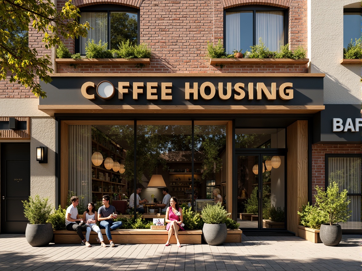 Prompt: Vibrant coffee shop fa\u00e7ade, modern social housing, bold typography, wooden accents, industrial chic, exposed brick walls, floor-to-ceiling windows, cozy outdoor seating, lush greenery, urban landscape, morning sunlight, warm atmosphere, shallow depth of field, 3/4 composition, realistic textures, ambient occlusion.