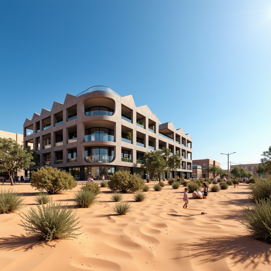 Prompt: Arid desert landscape, sandy dunes, cactus plants, hot sunny day, clear blue sky, vast open space, futuristic building facade, sleek metal cladding, reflective glass surfaces, angular lines, minimalist design, sustainable energy solutions, solar panels, wind turbines, water conservation systems, green roofs, eco-friendly materials, innovative cooling technologies, shaded outdoor spaces, misting systems, Arabic-inspired patterns, vibrant colorful textiles, intricate geometric motifs, parametric design, algorithmic modeling, complex curvatures, iridescent colors, gradient effects, LED lighting installations.