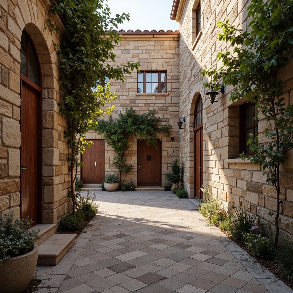 Prompt: Rustic stone walls, earthy tones, natural textures, recycled materials, eco-friendly mortar, hand-laid brickwork, ornate stonework, arched windows, rustic doorways, vine-covered facades, Mediterranean-inspired architecture, warm ambient lighting, shallow depth of field, 2/3 composition, detailed close-ups, realistic stone patterns, ambient occlusion.