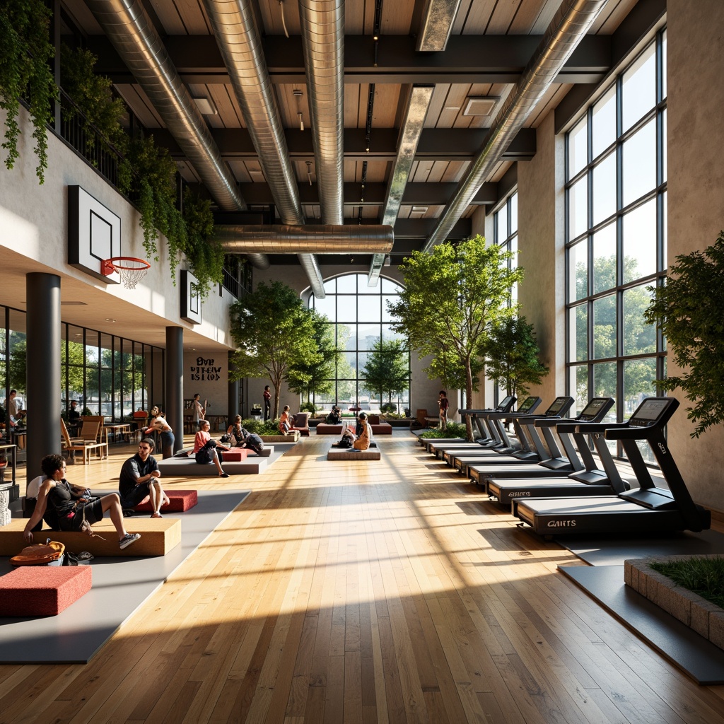 Prompt: Vibrant gym interior, natural light pouring in, clerestory windows, high ceilings, exposed ductwork, polished wooden floors, modern sports equipment, basketball hoops, treadmills, free weights, mirrored walls, motivational quotes, athletic tracks, transparent glass partitions, abundant greenery, hanging plants, natural stone accents, soft warm lighting, shallow depth of field, 3/4 composition, panoramic view, realistic textures, ambient occlusion.