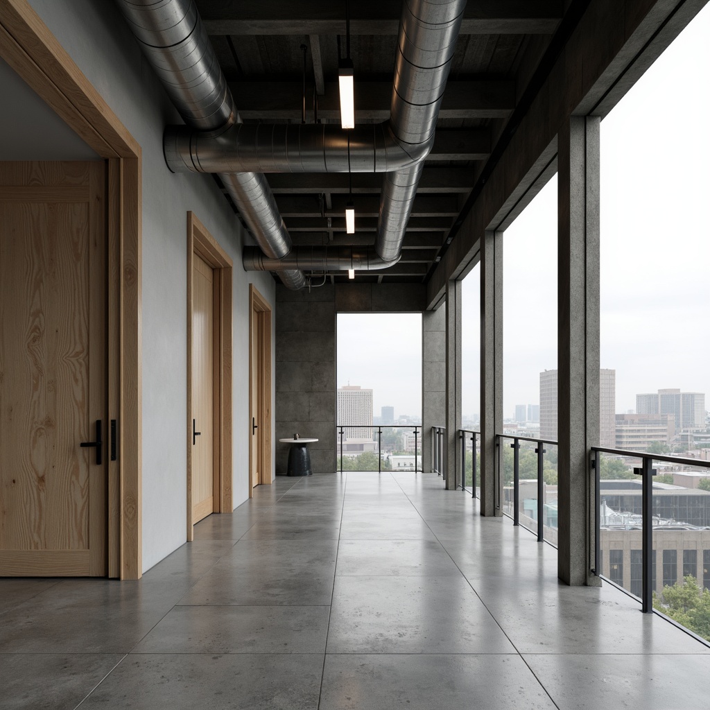 Prompt: Polished concrete floors, exposed steel beams, industrial metal pipes, minimalist wooden accents, sleek glass railings, matte black door handles, raw unfinished textures, urban cityscape backdrop, overcast sky, soft diffused lighting, shallow depth of field, 1/1 composition, realistic reflections, ambient occlusion, modernist architecture style, functional simplicity, clean lines, geometric shapes, monochromatic color scheme, brutalist concrete structures, avant-garde design elements.