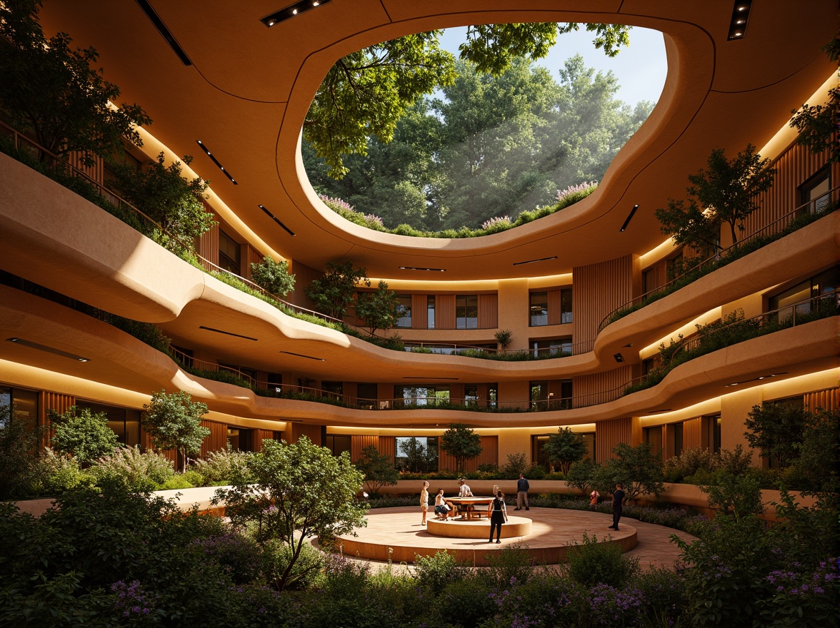 Prompt: Curved concert hall, undulating walls, sinuous lines, fluidic forms, organic architecture, earthy tones, natural materials, reclaimed wood accents, living green walls, lush vegetation, ambient lighting, warm glow, soft focus, shallow depth of field, 3/4 composition, panoramic view, realistic textures, ambient occlusion.