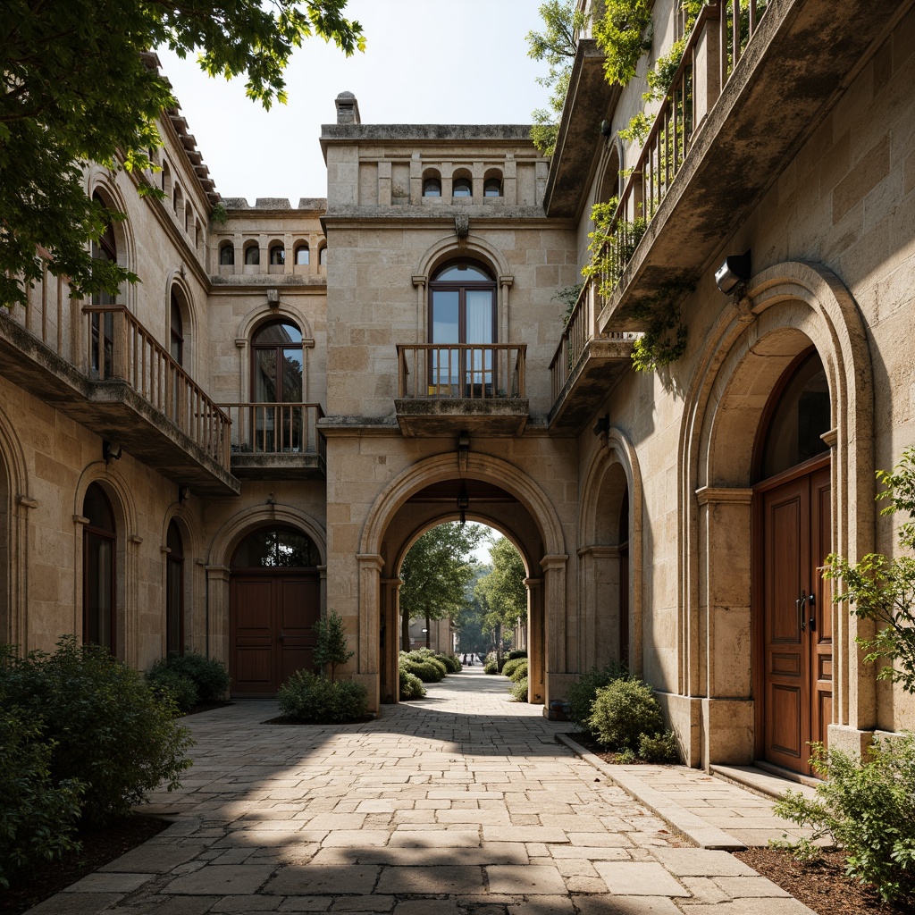 Prompt: Rustic Romanesque building, weathered concrete walls, ornate stone carvings, arched windows, heavy fortification, moss-covered surfaces, aged patina, rough-hewn stones, grand entranceways, imposing structures, subtle worn textures, warm earthy tones, soft afternoon light, high contrast shadows, 1/2 composition, symmetrical framing, atmospheric perspective.