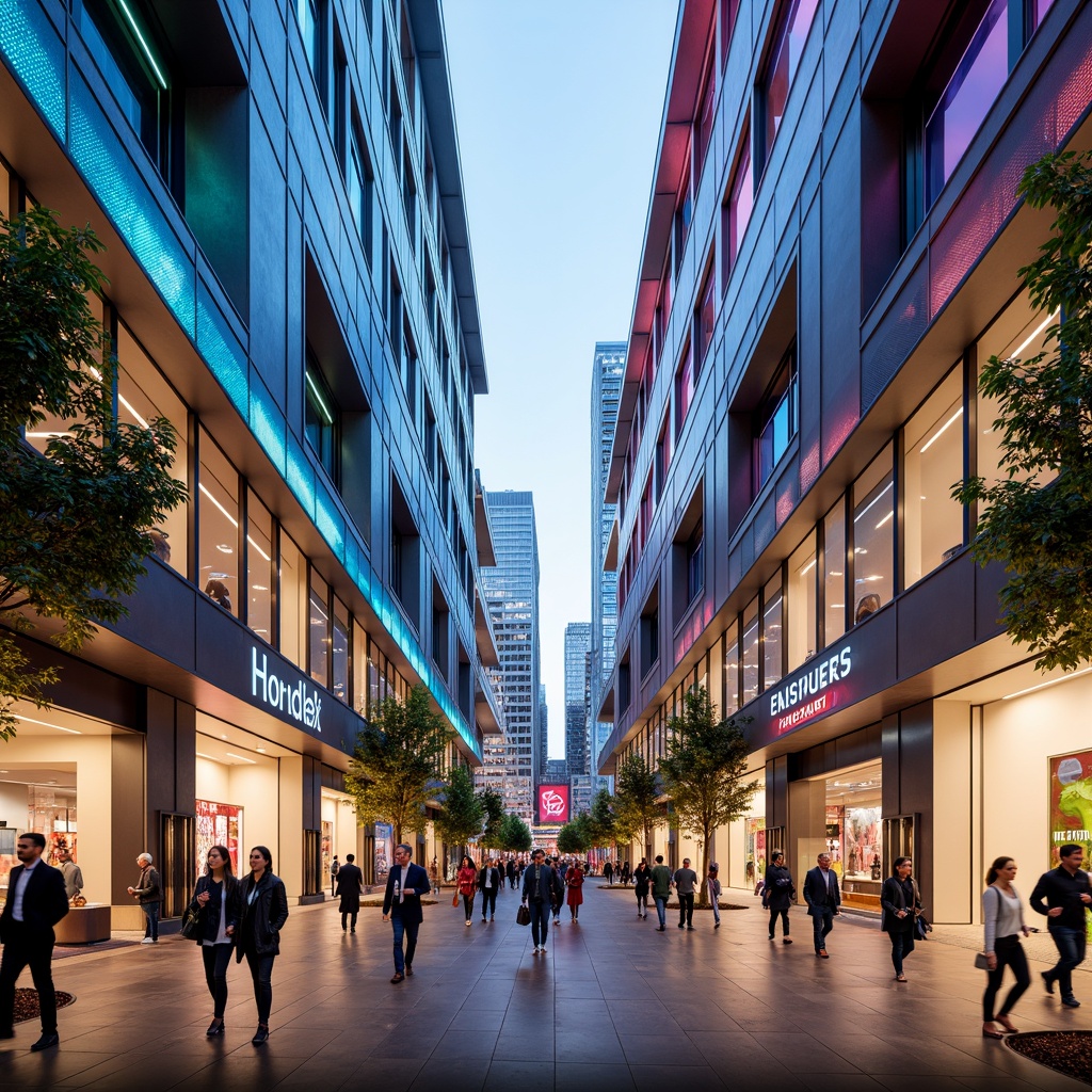 Prompt: Vibrant shopping mall, sleek modern facade, dynamic LED lighting, glass curtain walls, metallic accents, bold geometric patterns, futuristic entrance, grand atrium, polished marble floors, luxurious retail spaces, high-end brand logos, bustling crowds, urban cityscape, warm sunny day, shallow depth of field, 1/1 composition, realistic reflections, ambient occlusion.