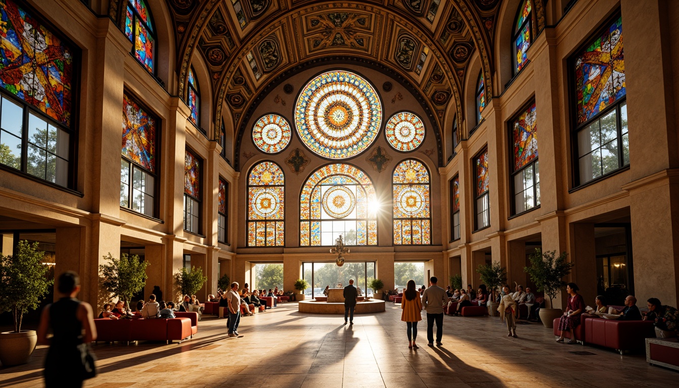 Prompt: Vibrant community center, ornate Baroque architecture, stunning stained glass windows, kaleidoscope colors, intricate patterns, symmetrical designs, grandiose chandeliers, marble floors, opulent furnishings, lavish decorations, dramatic lighting effects, warm golden tones, rich textures, ornamental details, curved lines, 3/4 composition, low-angle shot, soft focus, cinematic atmosphere.