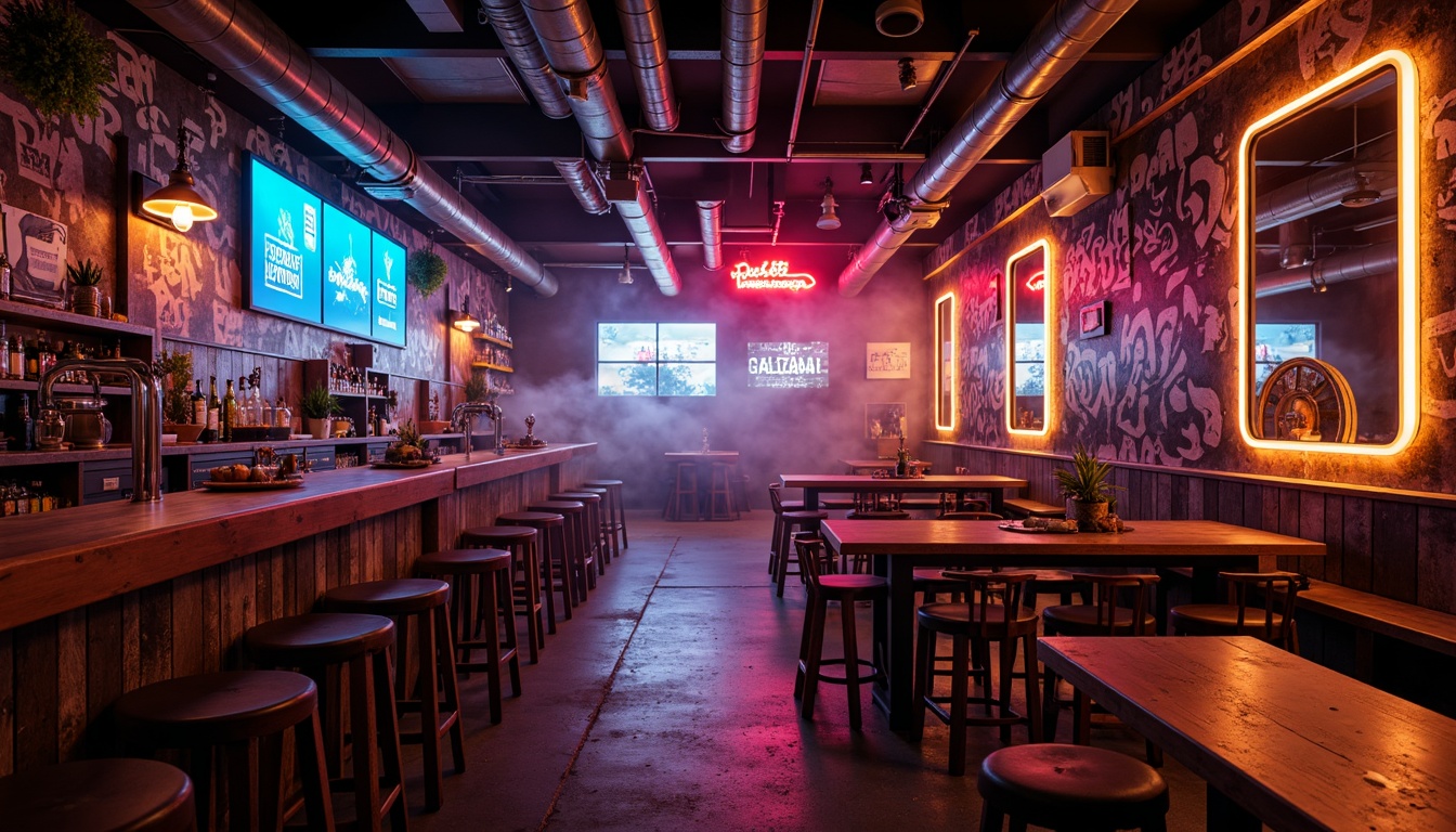 Prompt: Vibrant pub interior, eclectic color palette, warm neon hues, bold graffiti accents, distressed wood textures, metallic sheen, urban industrial atmosphere, reclaimed wooden furniture, abstract art pieces, exposed ductwork, polished concrete floors, moody dim lighting, atmospheric fog effects, cinematic composition, high contrast ratio, gritty realistic textures.