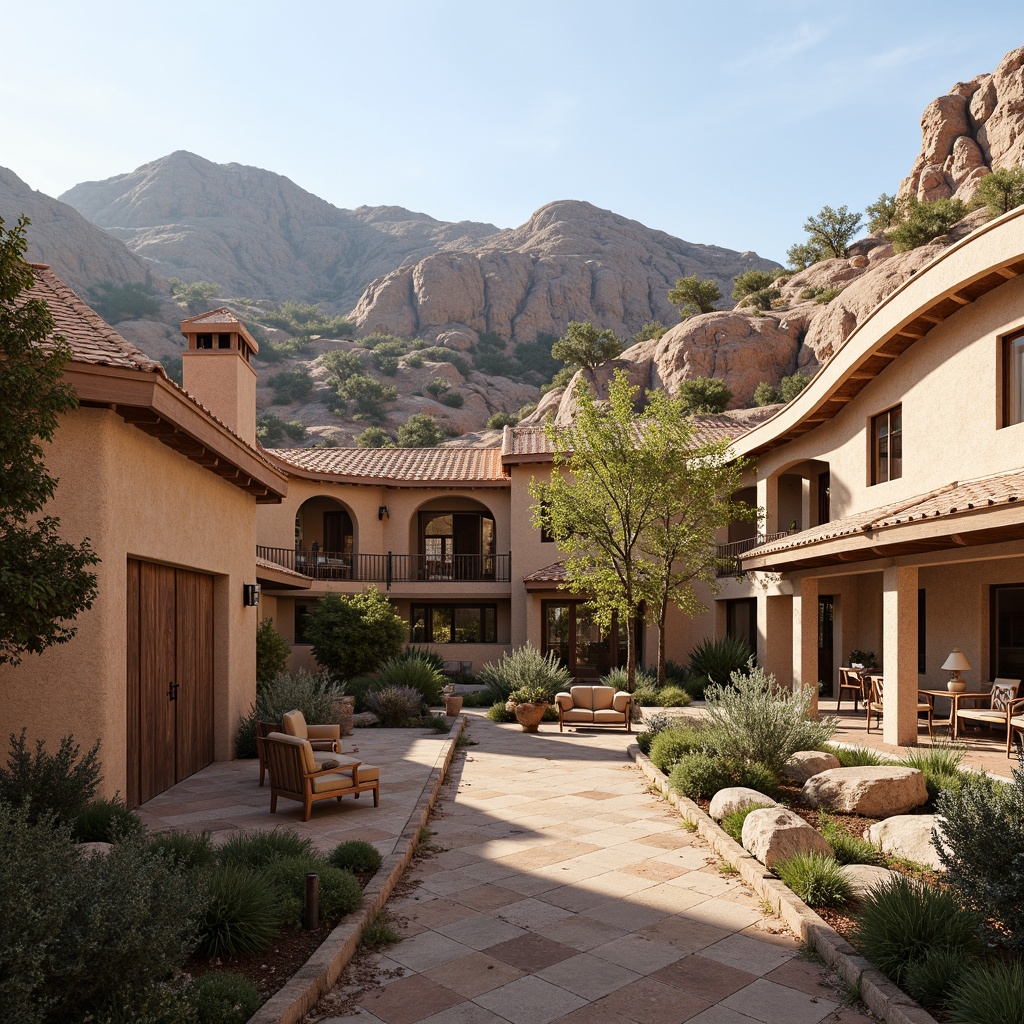 Prompt: Curved rooflines, undulating ridges, earthy tones, rustic textures, natural stone walls, wooden accents, regionalist architecture, Mediterranean influences, arid landscape, rocky outcrops, sparse vegetation, vast open skies, warm sunlight, soft shadows, shallow depth of field, 3/4 composition, panoramic view, realistic materials, ambient occlusion, intricate roof tiles, ornate chimneys, decorative finials, rustic metalwork.