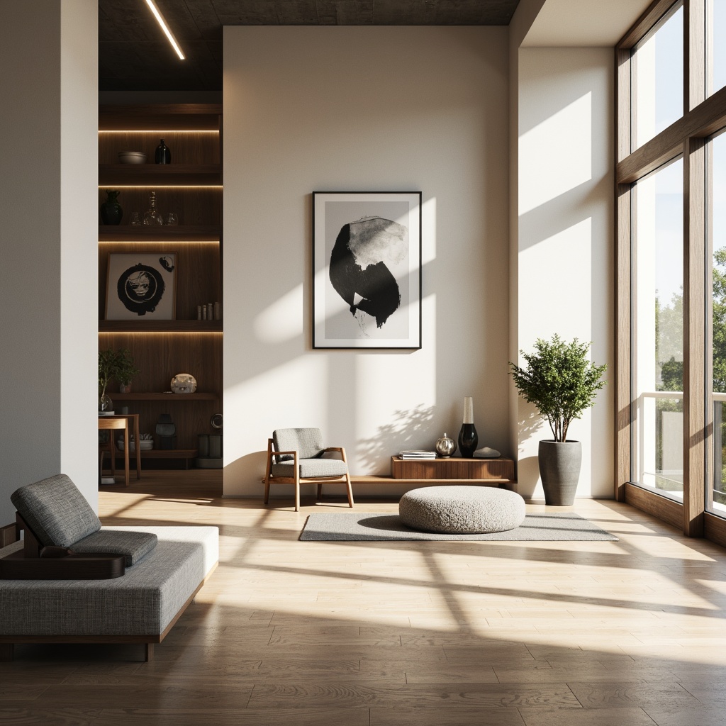 Prompt: Minimalist interior, empty space, natural light pouring in, simple lines, monochromatic color scheme, sleek wooden floors, low-profile furniture, comfortable cushions, subtle textures, industrial chic accents, geometric patterns, abstract artwork, soft warm glow, shallow depth of field, 1/2 composition, realistic render, ambient occlusion.