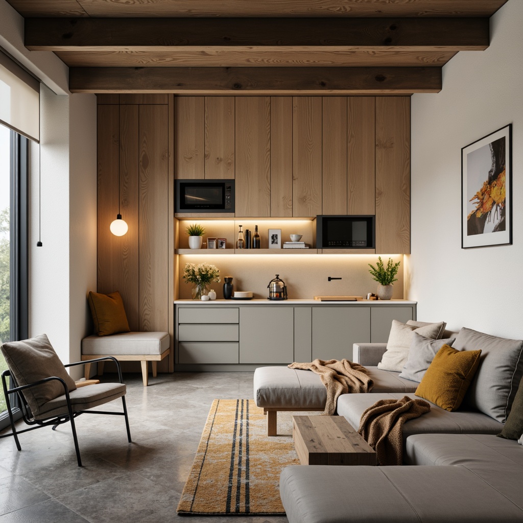 Prompt: Minimalist living room, sleek low-profile furniture, multi-functional storage units, compact kitchenette, space-saving appliances, foldable dining table, ergonomic seating, soft warm lighting, natural wood accents, industrial-chic metal beams, open-plan layout, 3/4 composition, shallow depth of field, realistic textures, ambient occlusion.