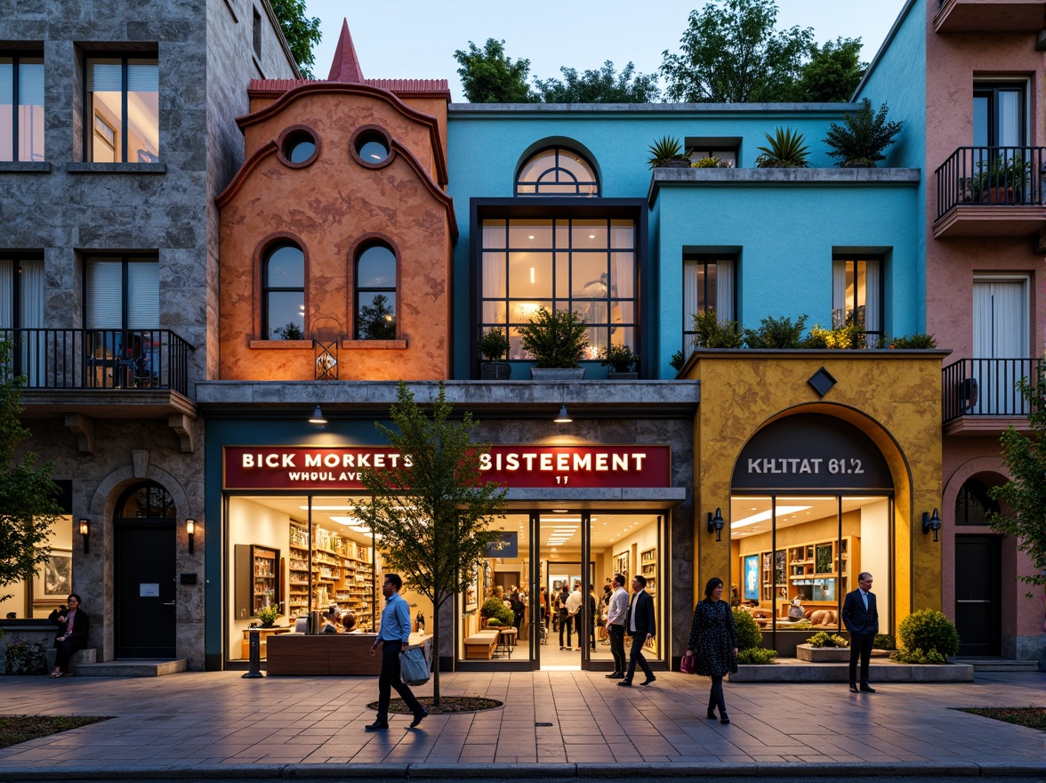 Prompt: Vibrant market square, eclectic postmodern facade, ornate details, playful colors, bold typography, whimsical patterns, irregular shapes, contrasting materials, distressed textures, ornamental decorations, artificial lighting, dramatic shadows, shallow depth of field, 1/2 composition, cinematic view, realistic reflections, ambient occlusion.