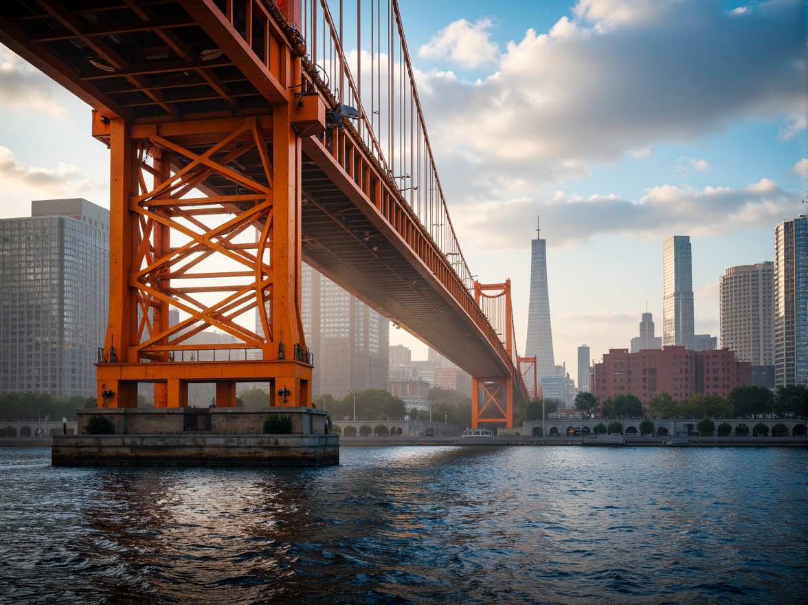 Prompt: Vibrant bridge architecture, steel beams, suspension cables, concrete piers, urban cityscape, misty morning fog, warm golden lighting, soft water reflections, rippling waves, modern industrial design, bold primary colors, bright orange accents, deep blue undertones, weathered rust tones, rough stone textures, atmospheric perspective, shallow depth of field, 2/3 composition.