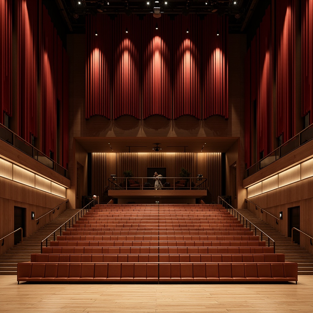 Prompt: Elegant music hall, luxurious velvet drapes, polished wooden floors, acoustic panels, sound-absorbing materials, premium leather seats, modern metal railings, subtle ambient lighting, soft warm glow, 1/2 composition, intimate atmosphere, realistic textures, ambient occlusion.