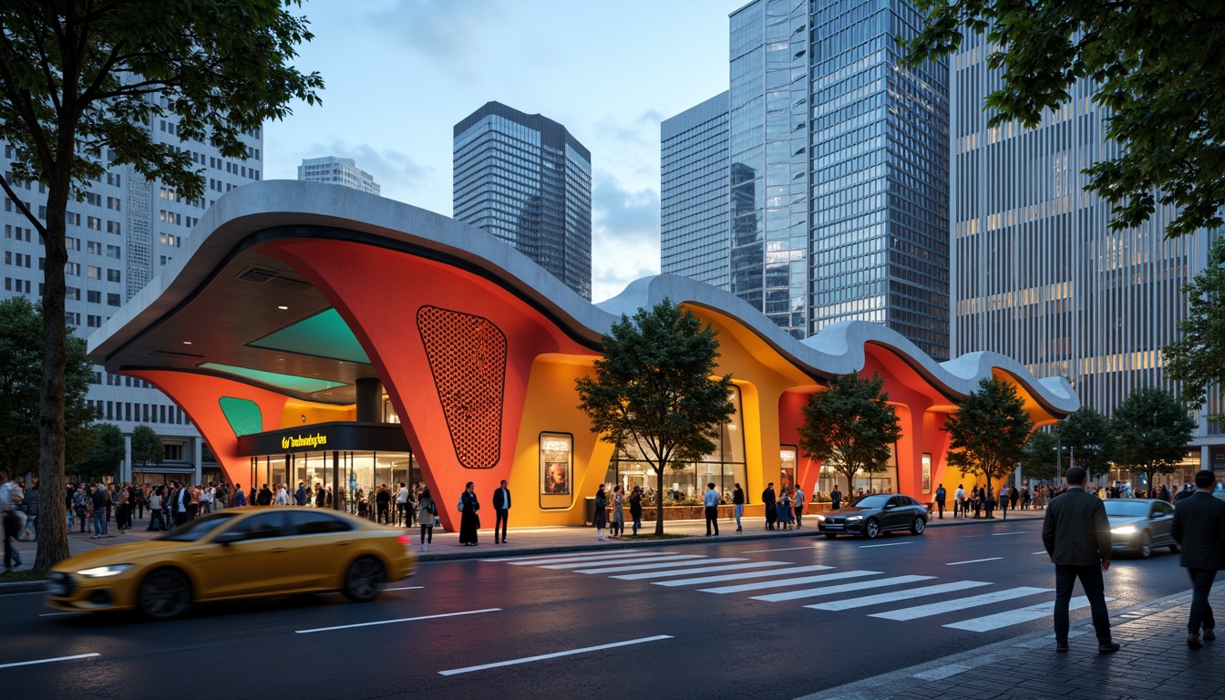 Prompt: Vibrant bus station, bold expressionist facade, curved lines, abstract shapes, dynamic volumes, bright color blocking, geometric patterns, textured concrete walls, angular rooflines, cantilevered canopies, futuristic lighting fixtures, urban cityscape, busy streets, rush hour atmosphere, soft warm glow, low-key dramatic shadows, cinematic composition, 1/2 framing, atmospheric perspective.