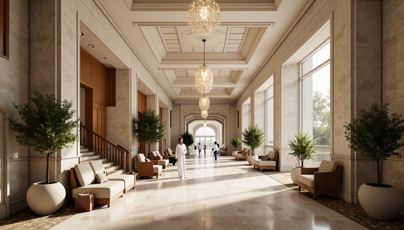 Prompt: Elegant hospital corridors, marble flooring, ornate columns, grand staircases, luxurious furnishings, rich wood paneling, intricate moldings, neutral color palette, natural stone walls, ornamental ceilings, crystal chandeliers, plush carpets, comfortable seating areas, abundant natural light, soft warm lighting, 1/1 composition, symmetrical balance, realistic textures, ambient occlusion.