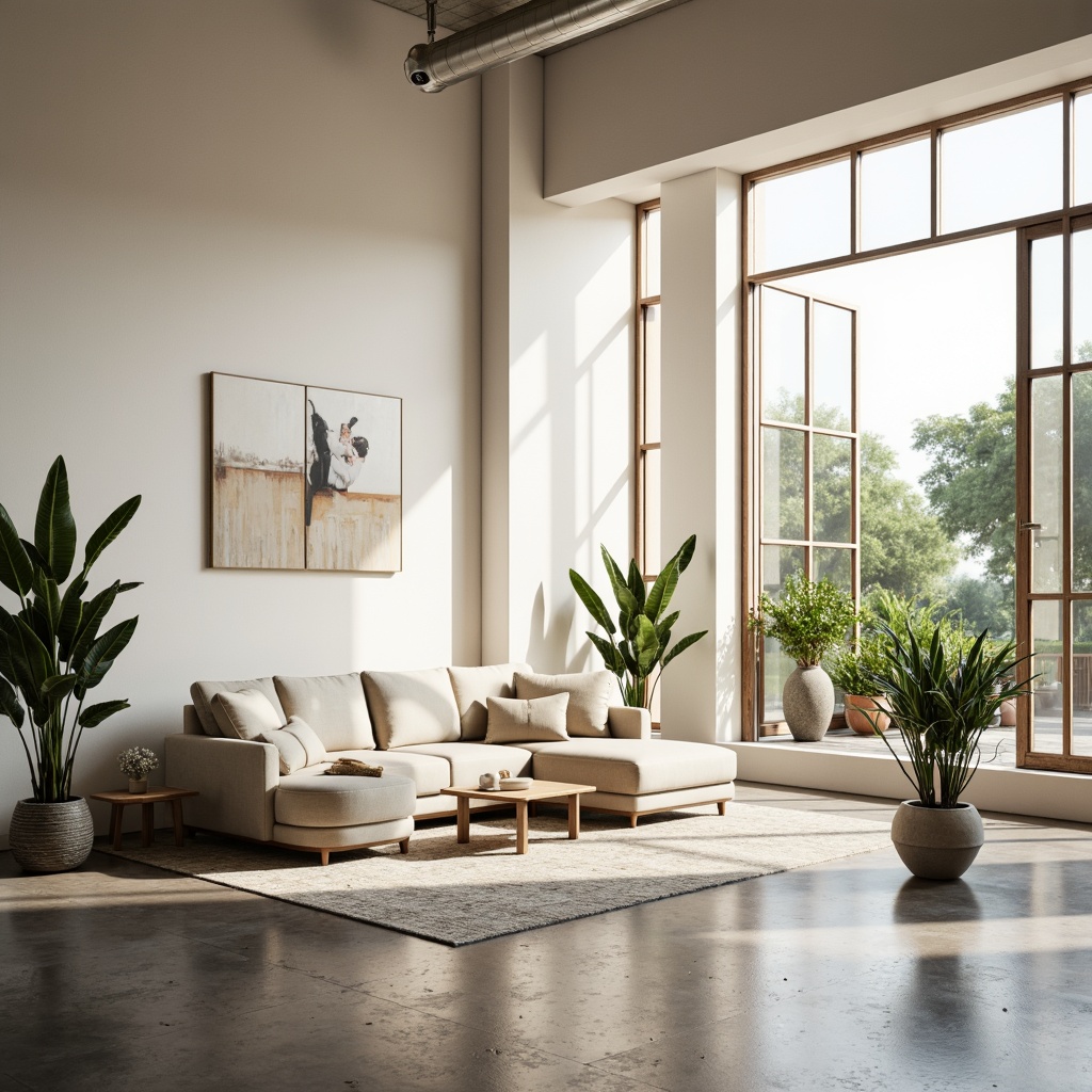 Prompt: Minimalist interior, monochromatic color scheme, clean lines, simplicity, natural light pouring in, floor-to-ceiling windows, sleek low-profile furniture, creamy white walls, polished concrete floors, industrial chic decor, greenery accents, potted plants, geometric patterns, soft warm lighting, shallow depth of field, 3/4 composition, atmospheric ambiance, subtle textures, ambient occlusion.