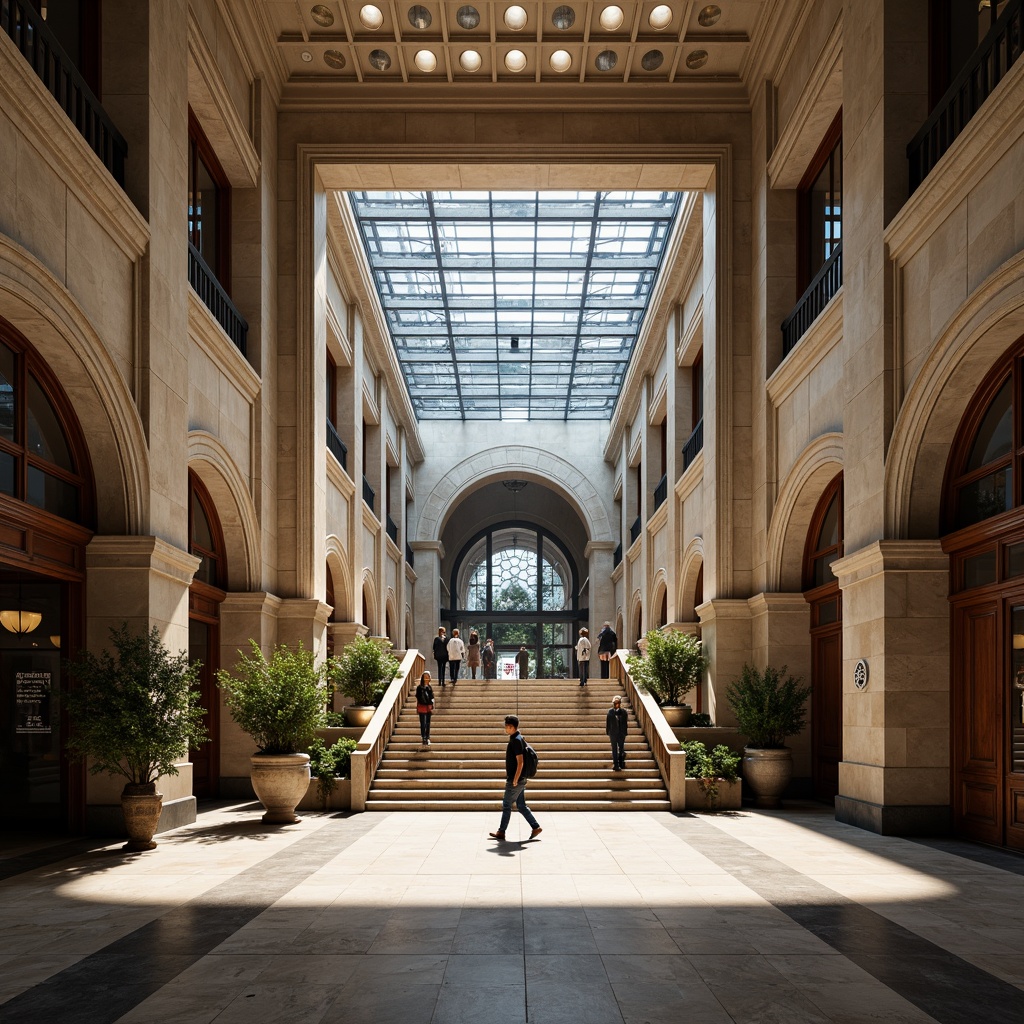 Prompt: Grand courthouse entrance, neoclassical facade, ornate columns, sculpted arches, symmetrical composition, grand staircase, polished marble floors, rich wood paneling, majestic clock tower, intricate stone carvings, fusion of modern and traditional elements, sleek glass atrium, natural light pouring in, dramatic shadows, high contrast lighting, shallow depth of field, 2/3 composition, realistic textures, ambient occlusion.