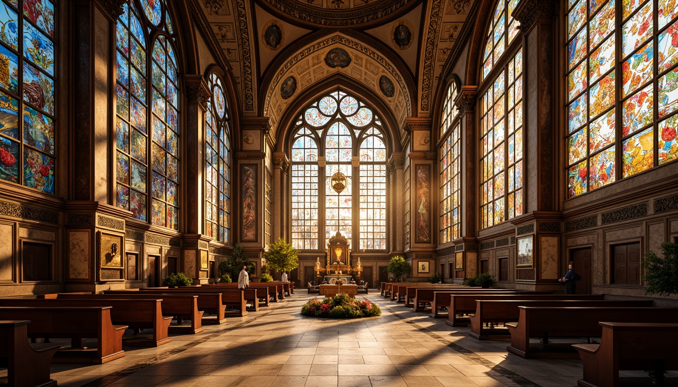 Prompt: Intricate stained glass mosaics, vibrant colored patterns, golden light reflections, ornate Byzantine architecture, grand cathedrals, majestic domes, sacred religious symbols, delicate florals, exquisite geometric shapes, luxurious marble floors, richly decorated altars, stunning apse windows, soft warm illumination, shallow depth of field, 1/1 composition, realistic textures, ambient occlusion.