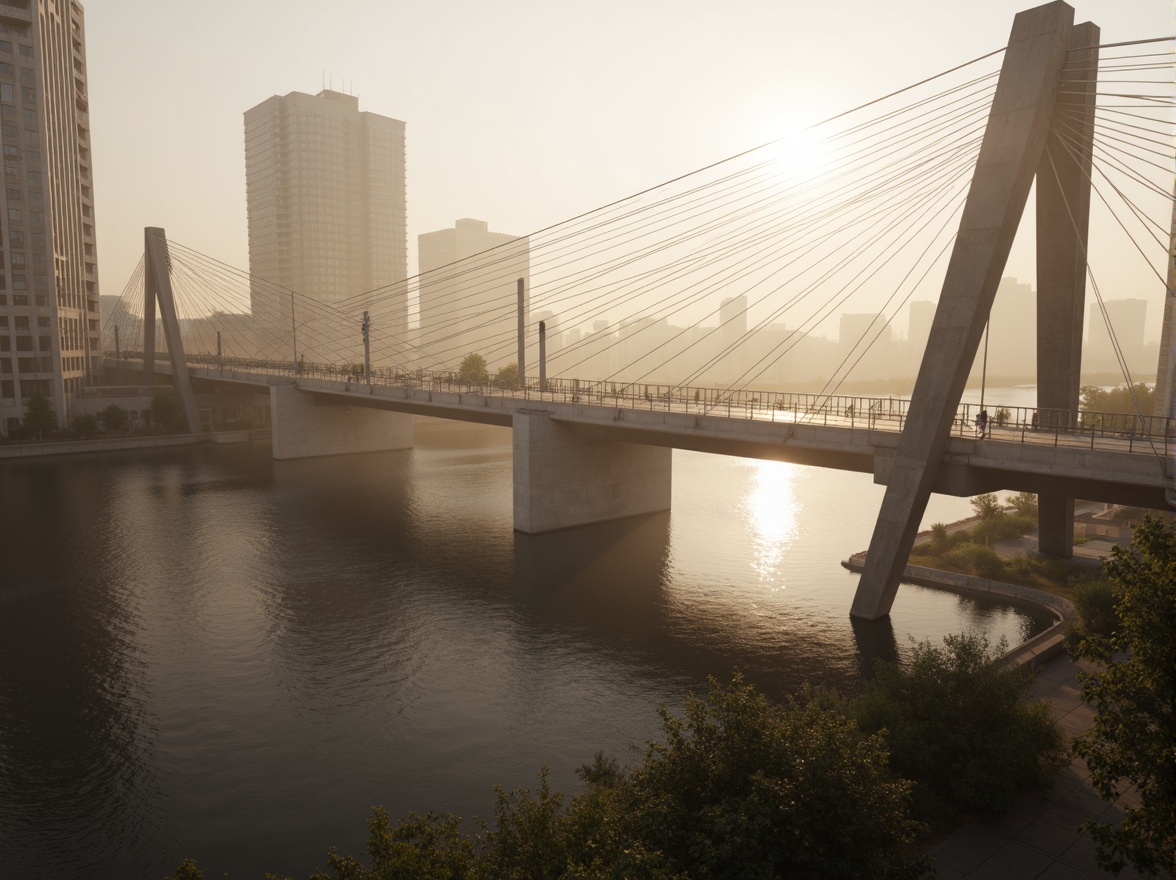 Prompt: Sleek bridge architecture, modernist design principles, cantilevered sections, suspended decks, angular steel beams, diagonal bracing, reinforced concrete piers, minimalist railings, geometric shapes, urban cityscape, misty morning atmosphere, warm golden lighting, shallow depth of field, 2/3 composition, symmetrical view, realistic metallic textures, ambient occlusion.