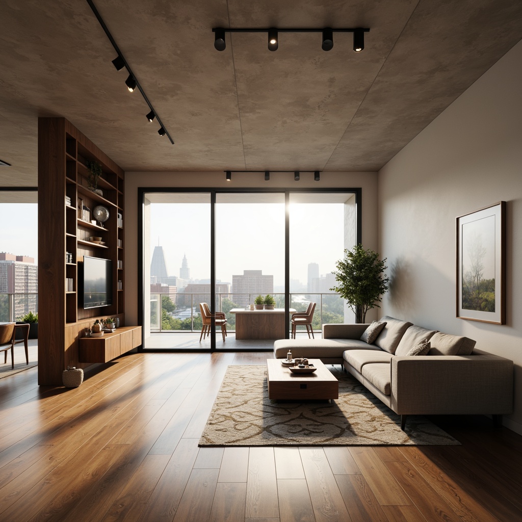 Prompt: Minimalist open-plan living space, sleek wooden floors, floor-to-ceiling windows, sliding glass doors, cozy reading nook, built-in shelving units, modern sectional sofa, geometric-patterned rug, industrial-chic lighting fixtures, urban cityscape views, morning natural light, soft warm ambiance, shallow depth of field, 1/1 composition, realistic textures, ambient occlusion.