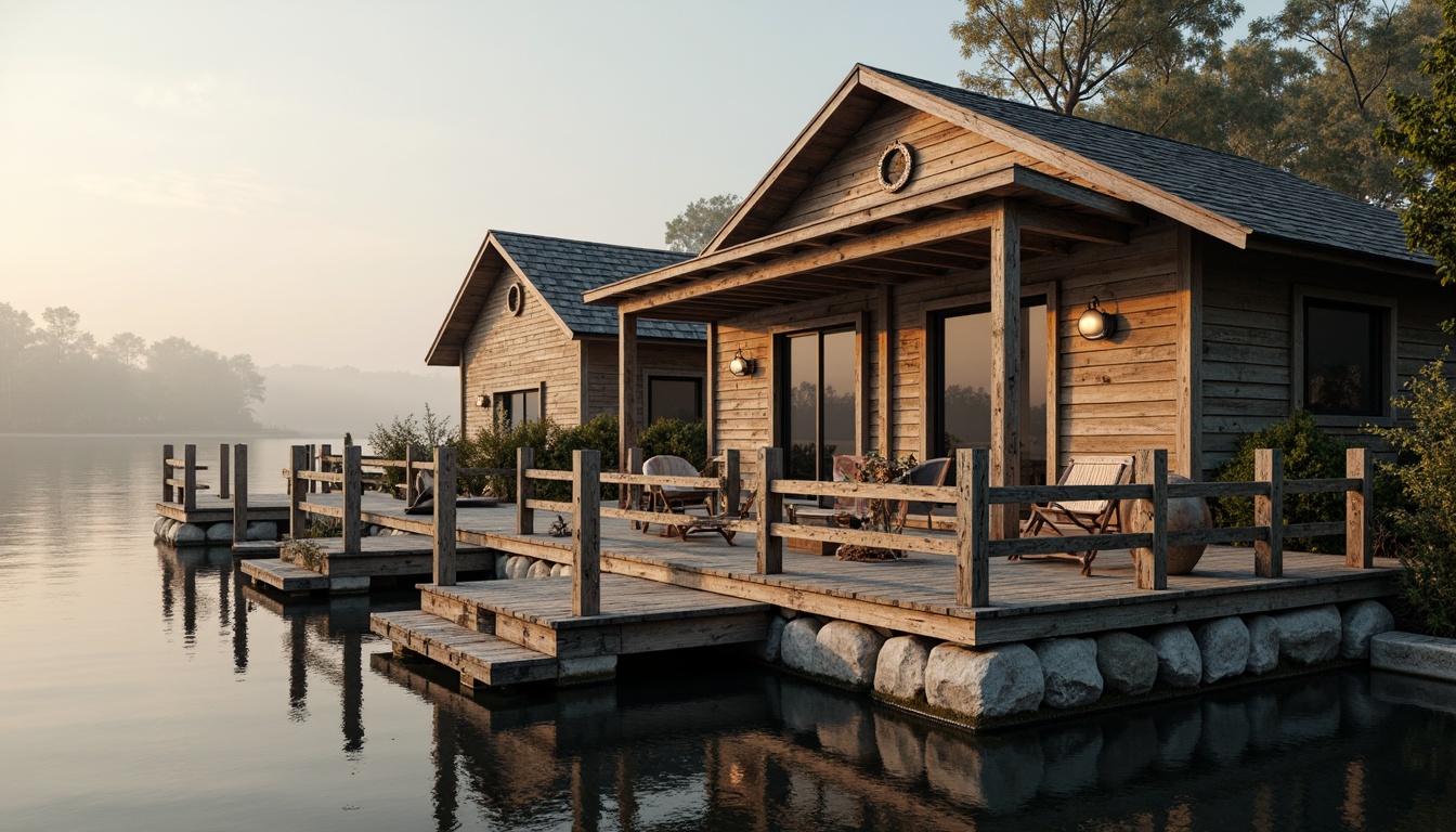 Prompt: Waterfront boathouse, rustic wooden dock, nautical ropes, vintage anchors, distressed wood textures, weathered copper accents, soft misty mornings, serene lake reflections, warm beige tones, earthy brown hues, muted blues, calming greens, creamy whites, natural stone foundations, wooden pilings, rope railings, lantern-style lighting, shallow depth of field, 1/2 composition, warm golden hour, soft focus, realistic wood grains.Please let me know if this meets your requirements!