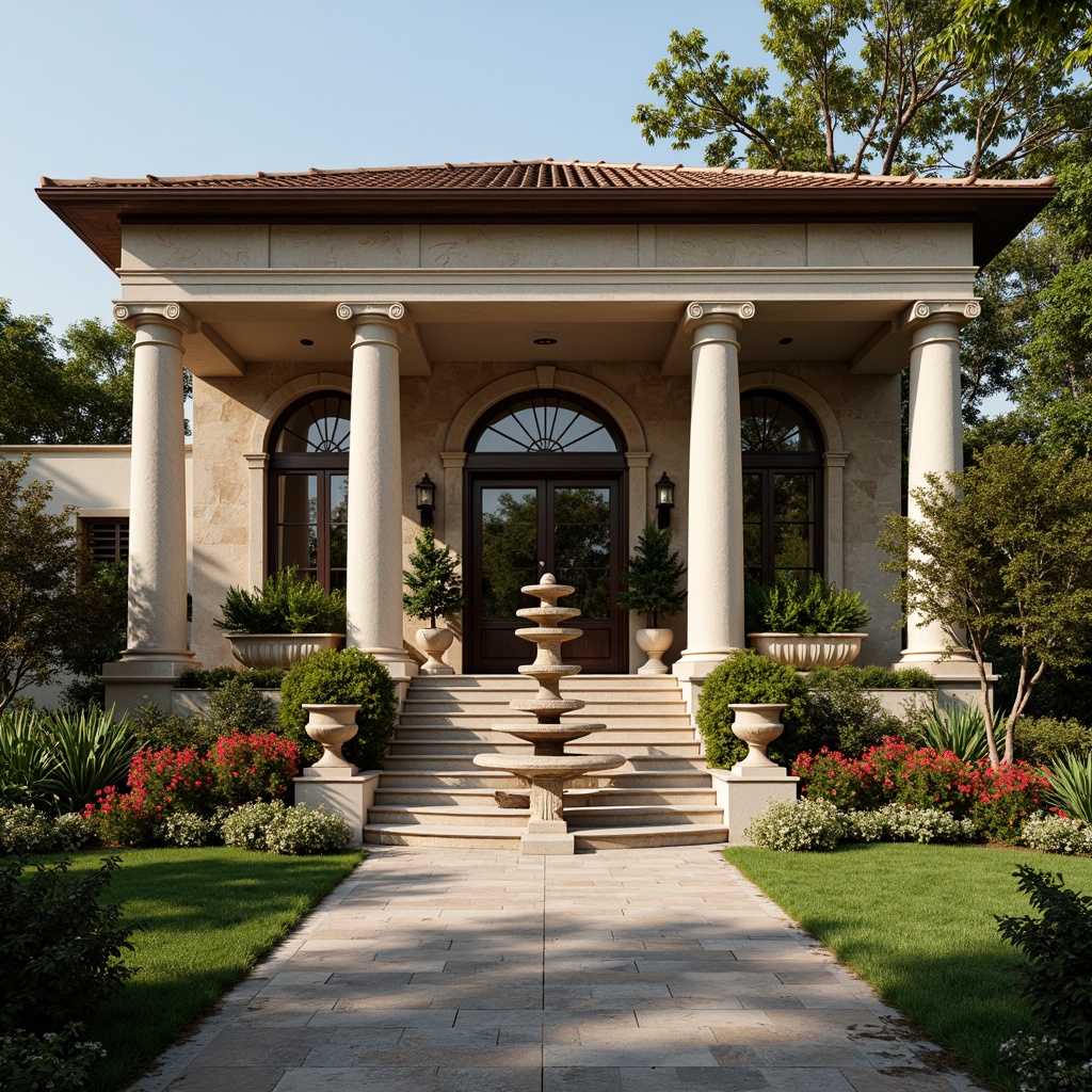 Prompt: Grand villa entrance, stately columns, ornate capitals, rustic stone walls, terracotta roof tiles, lush greenery, vibrant flowers, manicured lawns, serene water features, elegant fountain, soft warm lighting, shallow depth of field, 3/4 composition, panoramic view, realistic textures, ambient occlusion, Renaissance-inspired architecture, classical details, symmetrical fa\u00e7ade, grand entrance doors, ornate door handles, luxurious interior design.